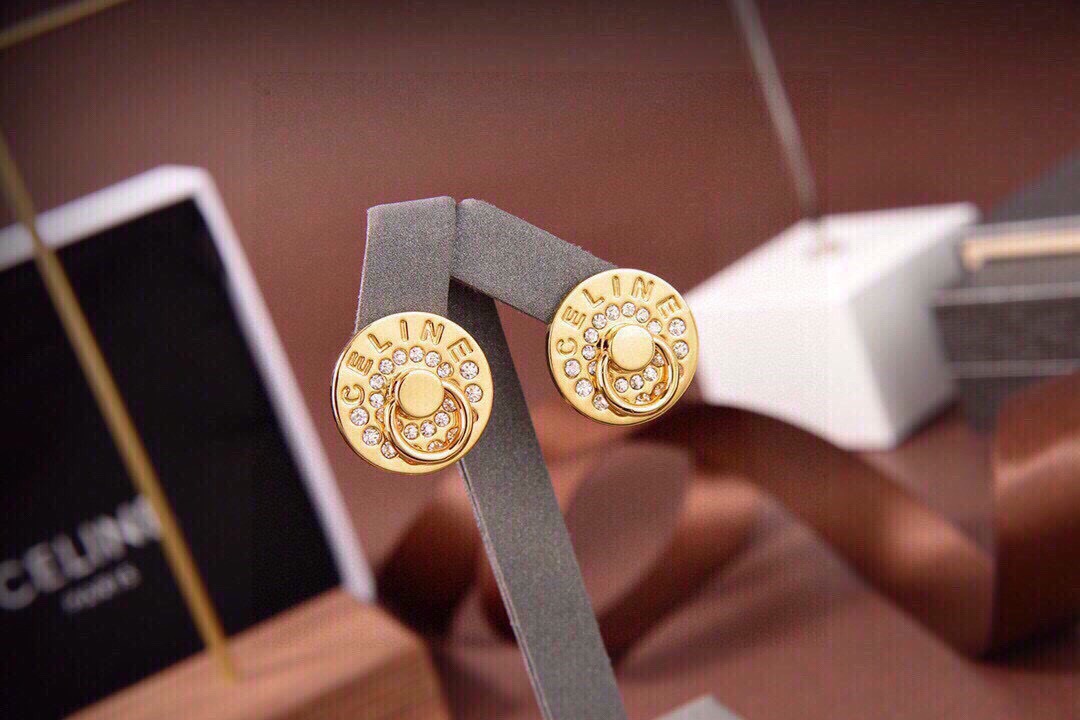 Celine Logo Crystal Circle Stud Earrings earrings gold-tone metal with clear crystal accents 1 5cm diameter