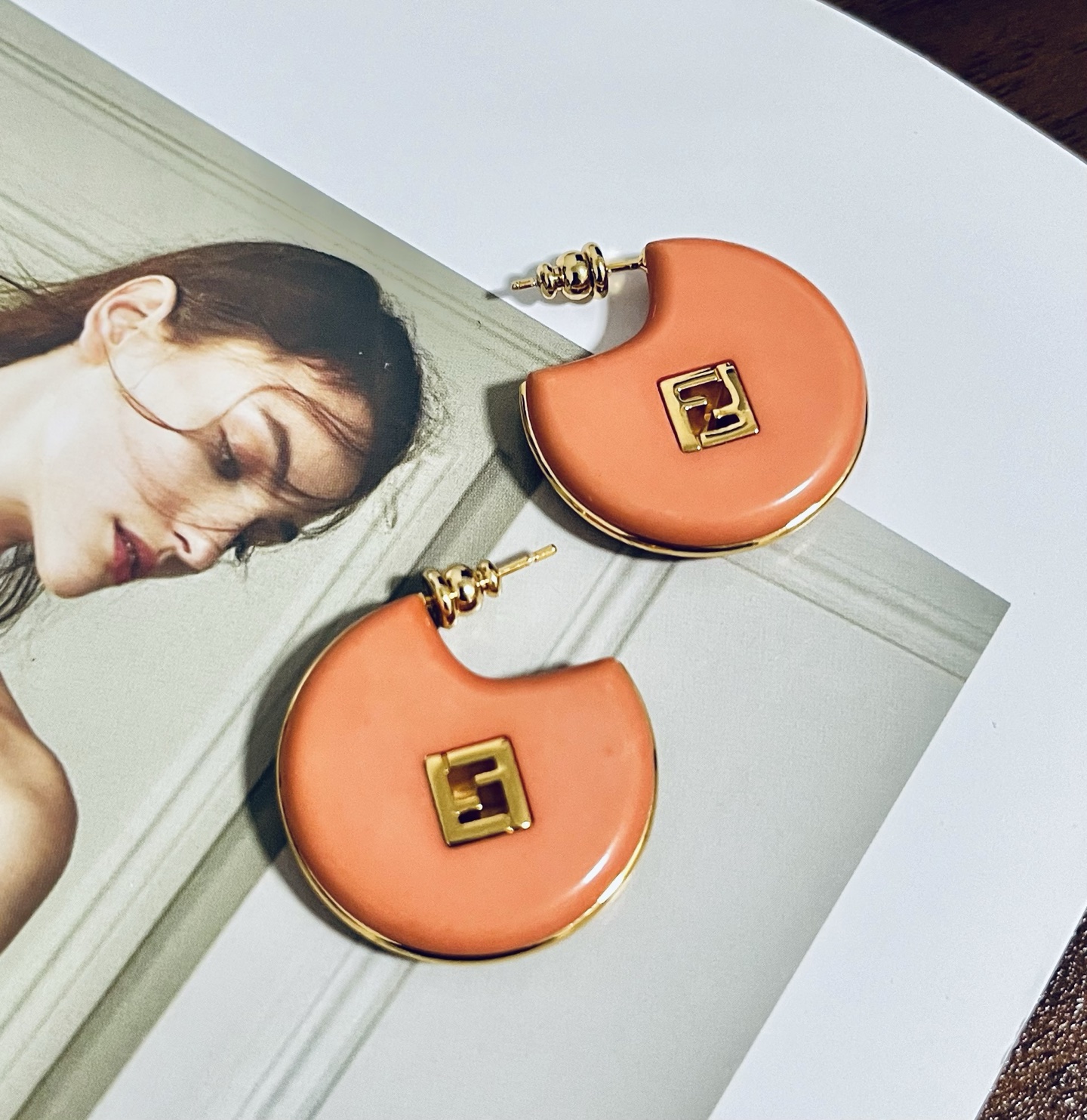 Fendi Forever Fendi FF Logo Hoop Earrings earrings Gold-tone metal with burgundy and peach resin accents 3 5cm diameter