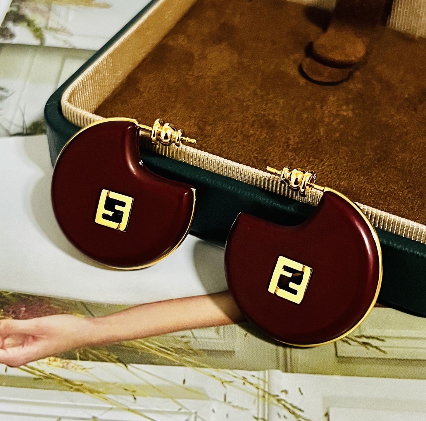 Fendi Forever Fendi FF Logo Hoop Earrings earrings Gold-tone metal with burgundy and peach resin accents 3 5cm diameter