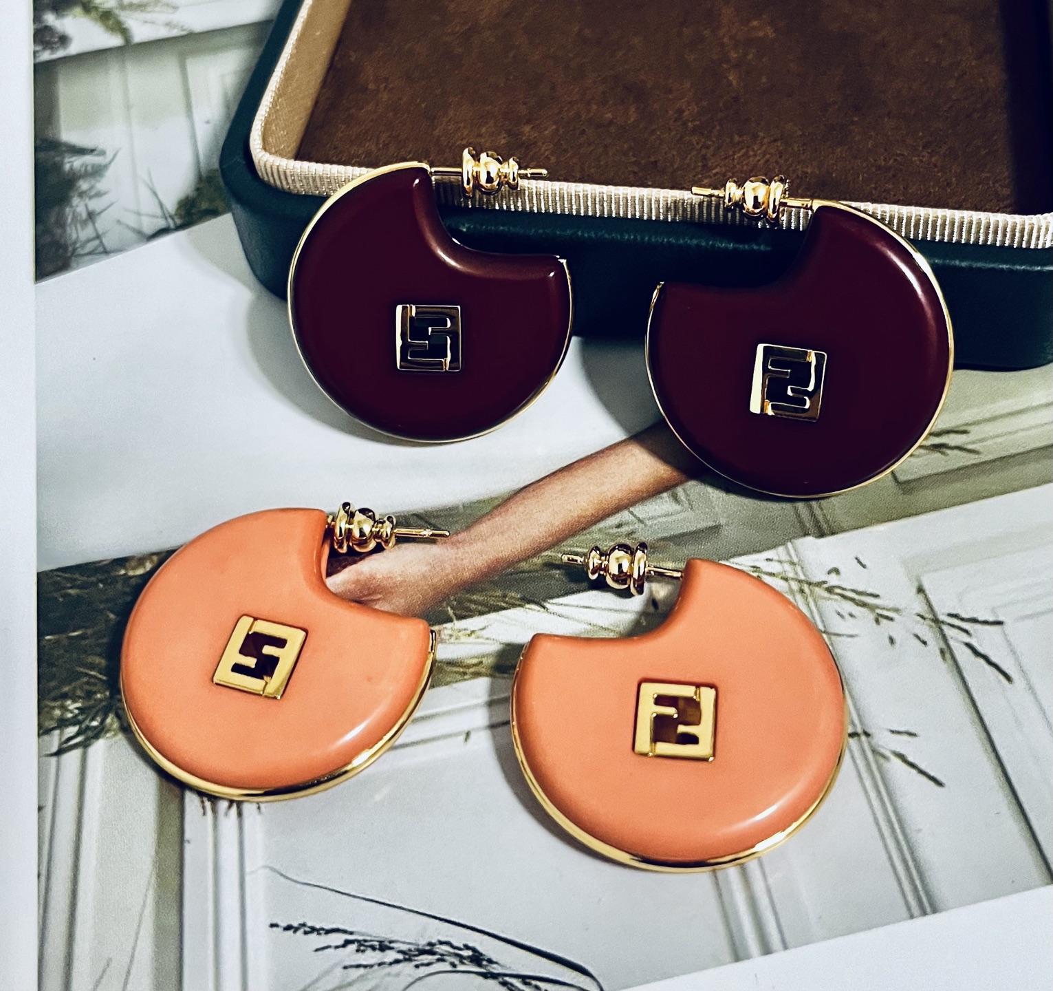 Fendi Forever Fendi FF Logo Hoop Earrings earrings Gold-tone metal with burgundy and peach resin accents 3 5cm diameter