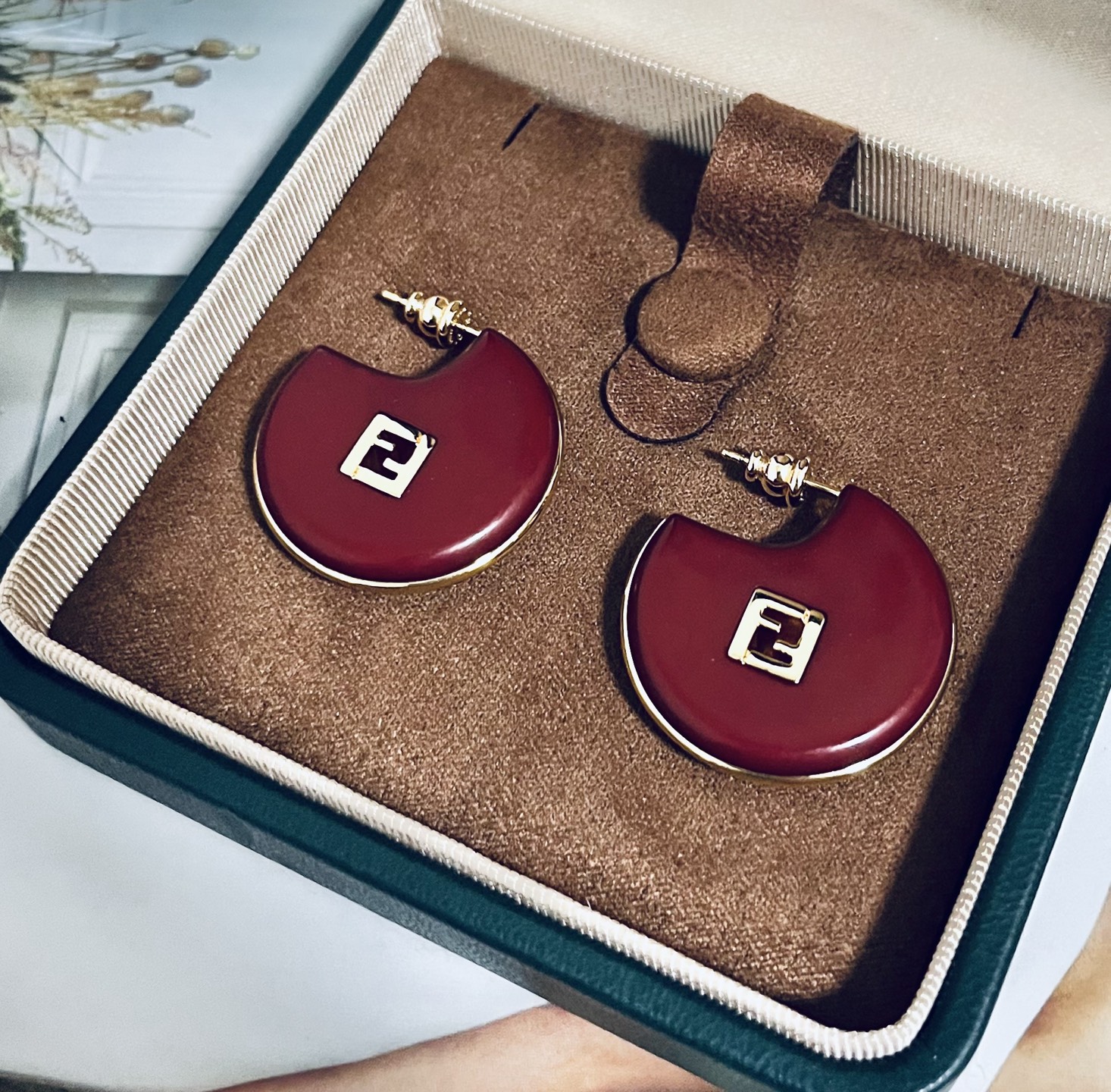 Fendi Forever Fendi FF Logo Hoop Earrings earrings Gold-tone metal with burgundy and peach resin accents 3 5cm diameter