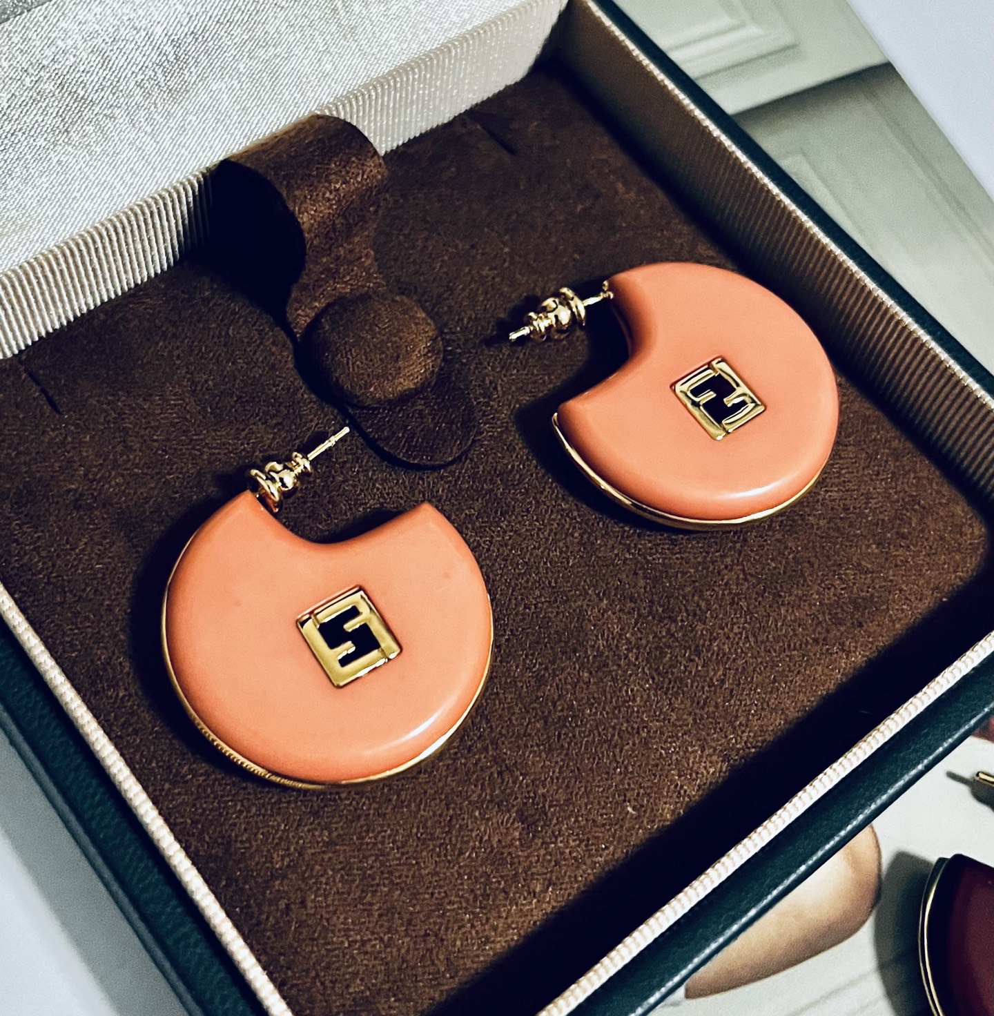 Fendi Forever Fendi FF Logo Hoop Earrings earrings Gold-tone metal with burgundy and peach resin accents 3 5cm diameter