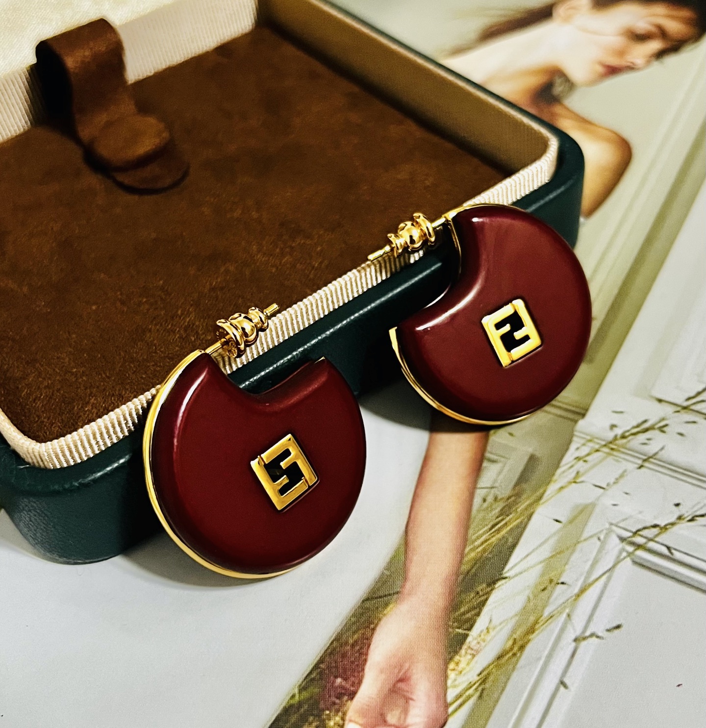 Fendi Forever Fendi FF Logo Hoop Earrings earrings Gold-tone metal with burgundy and peach resin accents 3 5cm diameter