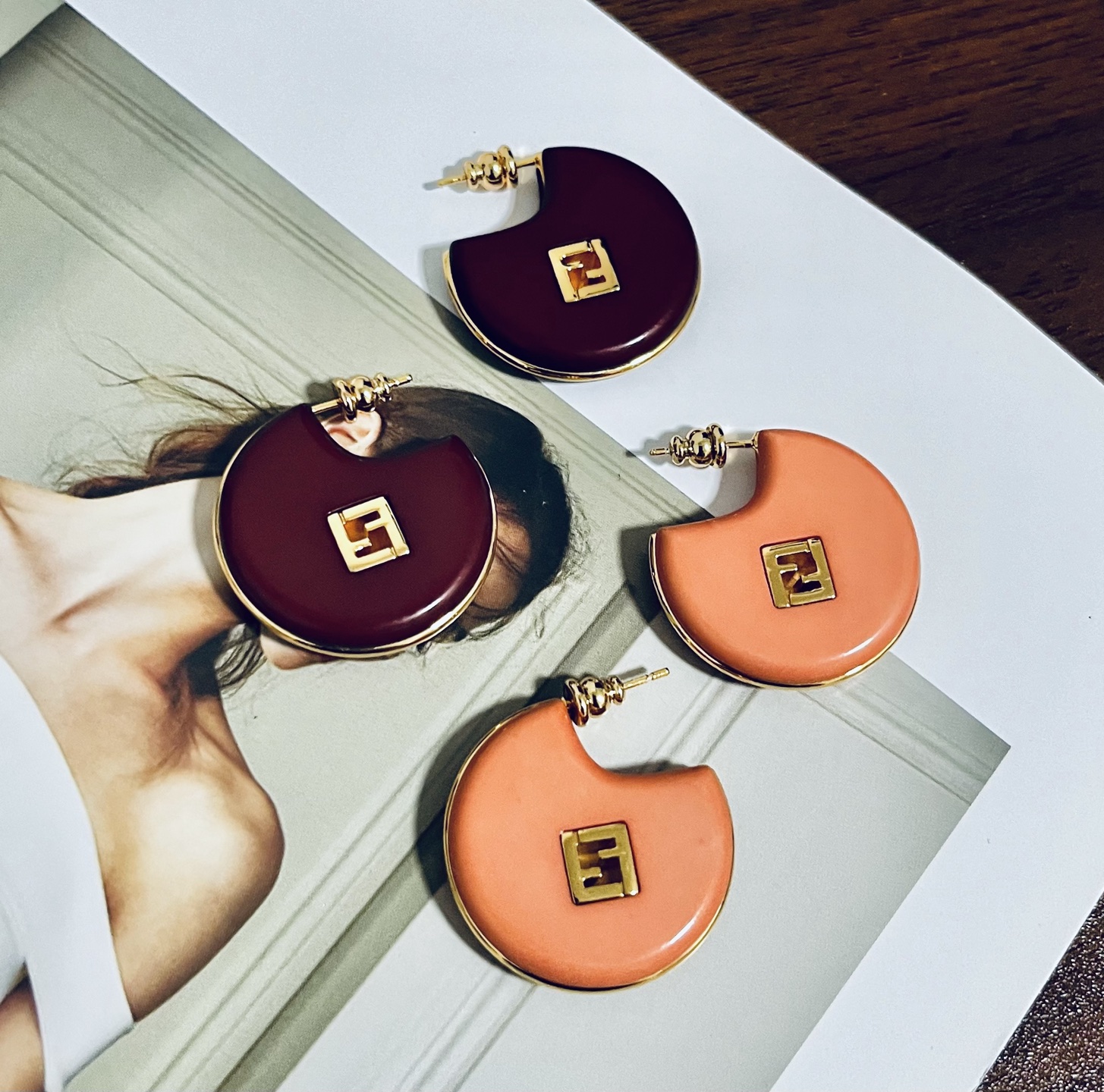Fendi Forever Fendi FF Logo Hoop Earrings earrings Gold-tone metal with burgundy and peach resin accents 3 5cm diameter