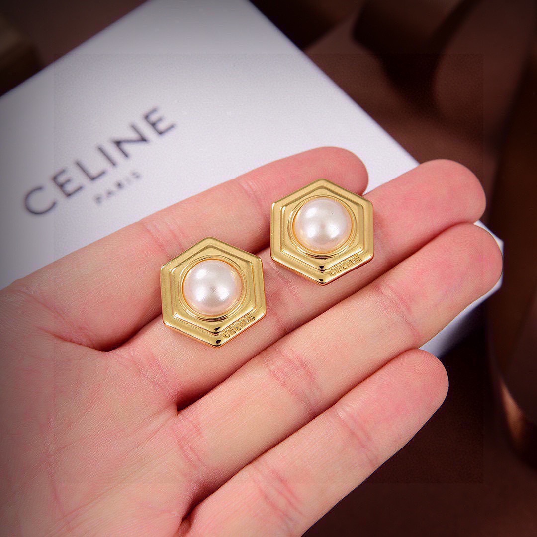 Celine Hexagonal Pearl Stud earrings gold-tone metal with cream white pearl 1 8cm diameter