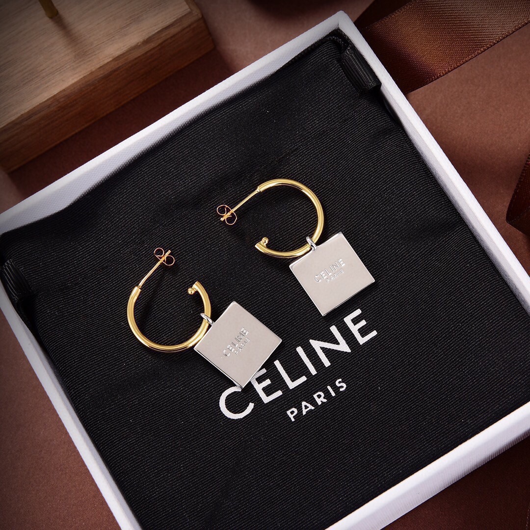 Celine Triomphe Square Charm Hoop Earrings earrings Two-tone gold and silver gold-tone Triomphe emblem on silver-tone square charm 20mm hoop diameter