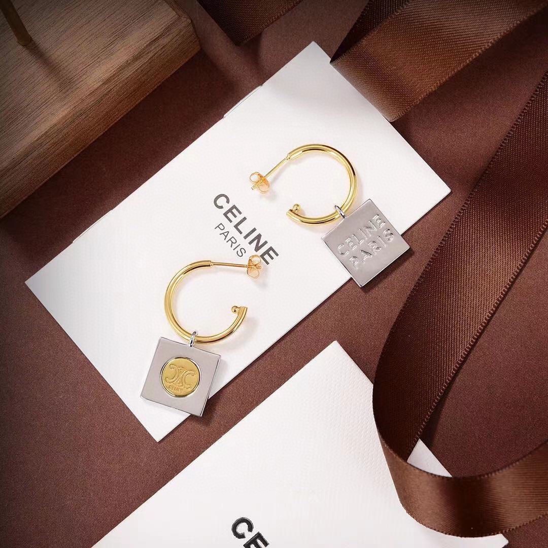 Celine Triomphe Square Charm Hoop Earrings earrings Two-tone gold and silver gold-tone Triomphe emblem on silver-tone square charm 20mm hoop diameter