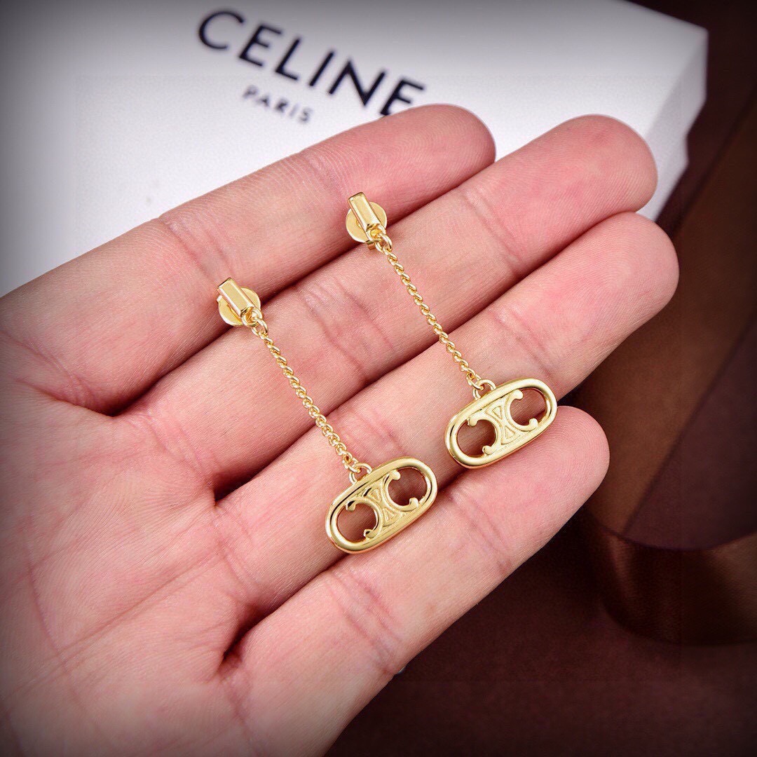 Celine PRECLOUS Triomphe earrings 18k gold tone metal no accent stones 3cm drop length