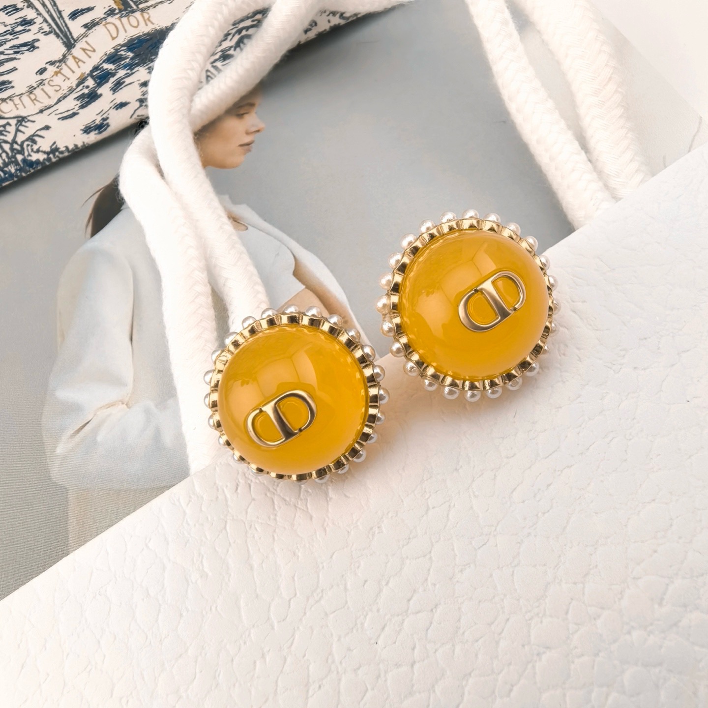 Dior Tribales earrings gold-tone metal yellow resin white faux pearl 2cm front bead diameter
