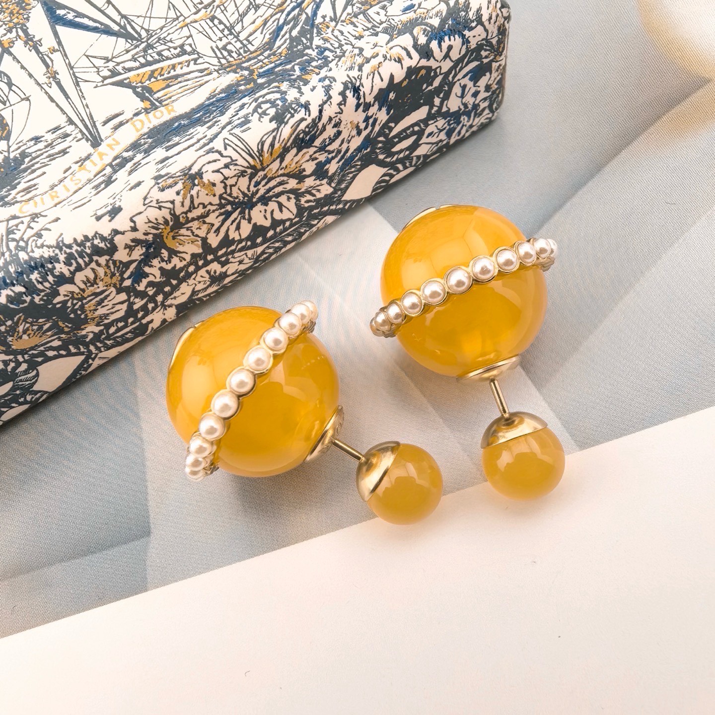 Dior Tribales earrings gold-tone metal yellow resin white faux pearl 2cm front bead diameter
