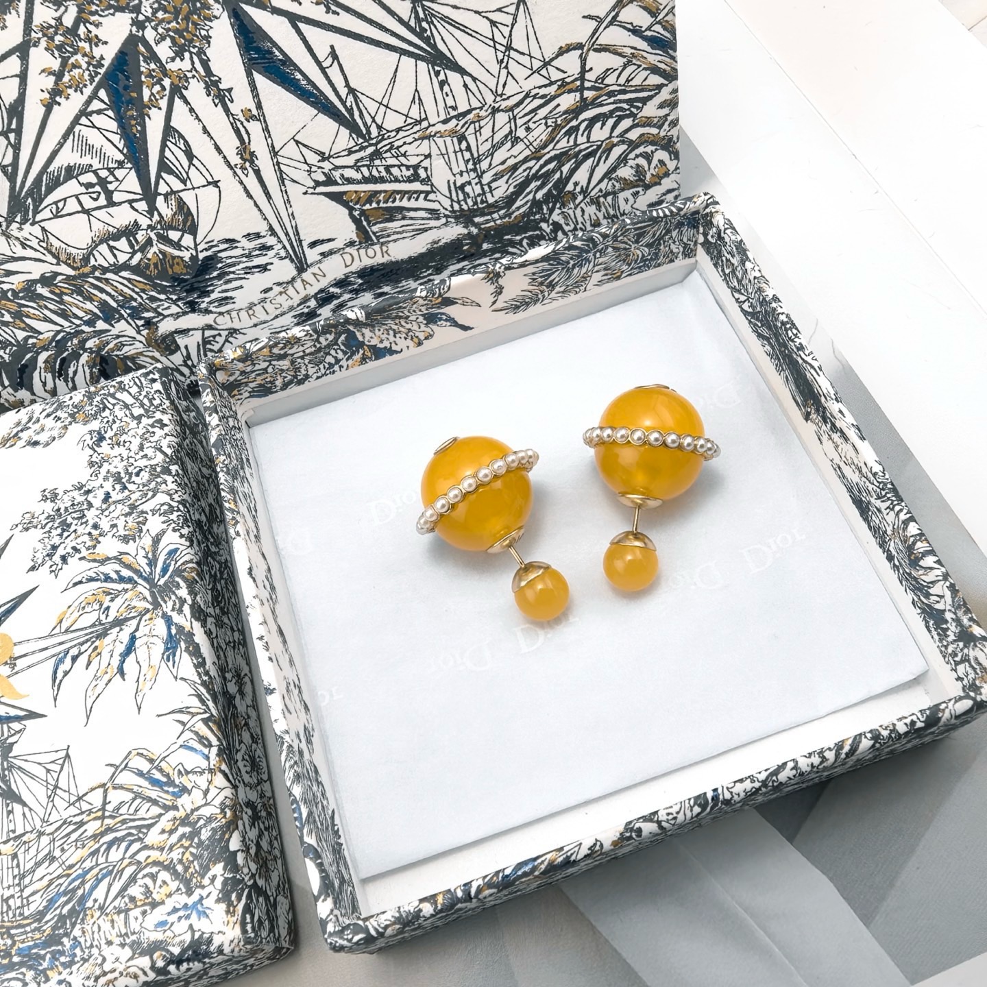 Dior Tribales earrings gold-tone metal yellow resin white faux pearl 2cm front bead diameter