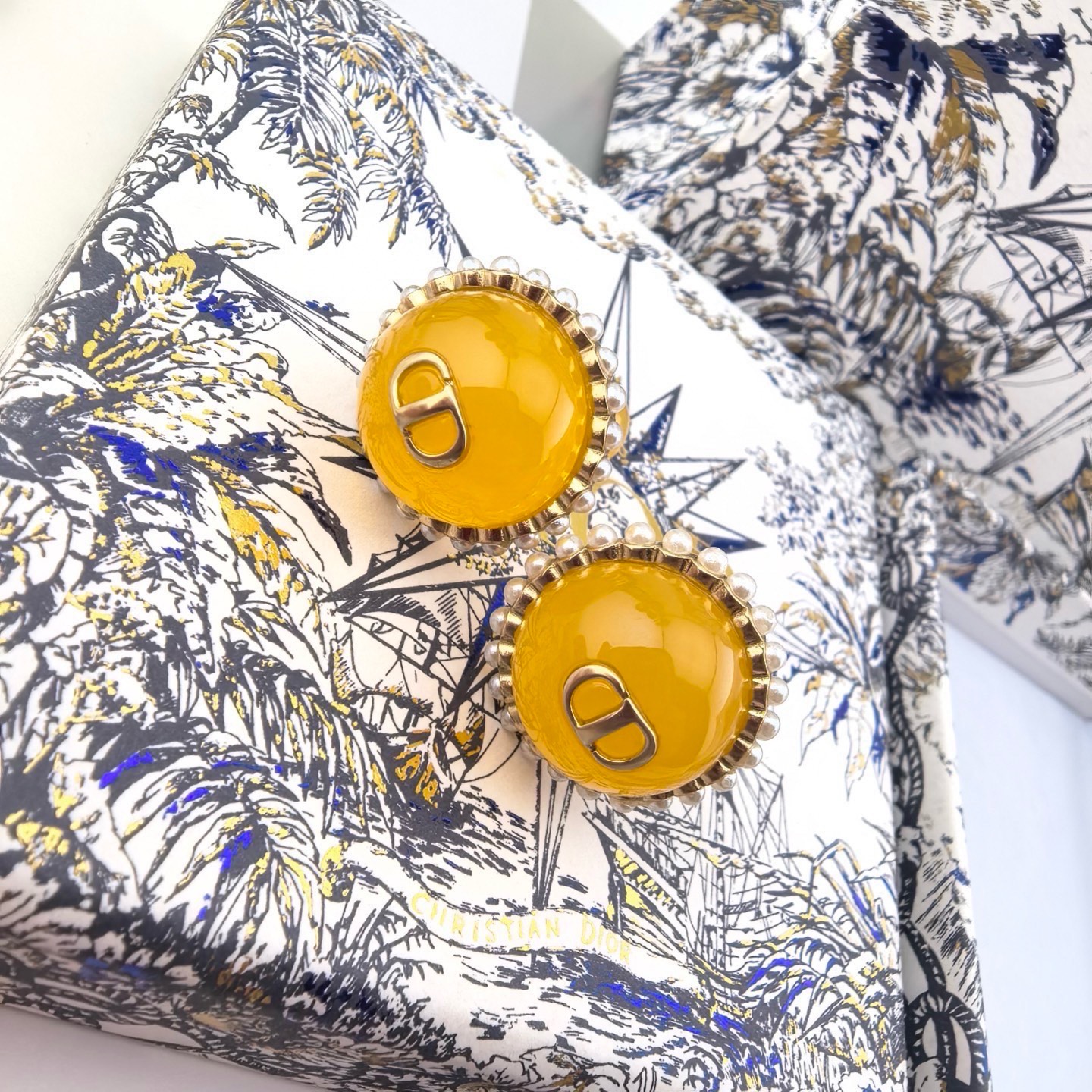 Dior Tribales earrings gold-tone metal yellow resin white faux pearl 2cm front bead diameter