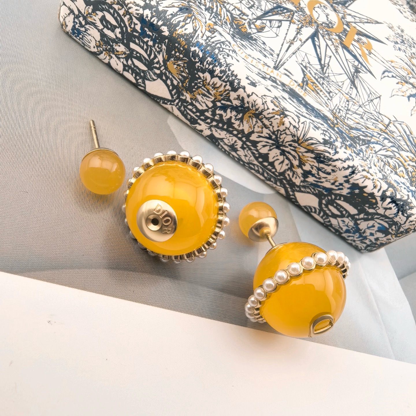 Dior Tribales earrings gold-tone metal yellow resin white faux pearl 2cm front bead diameter