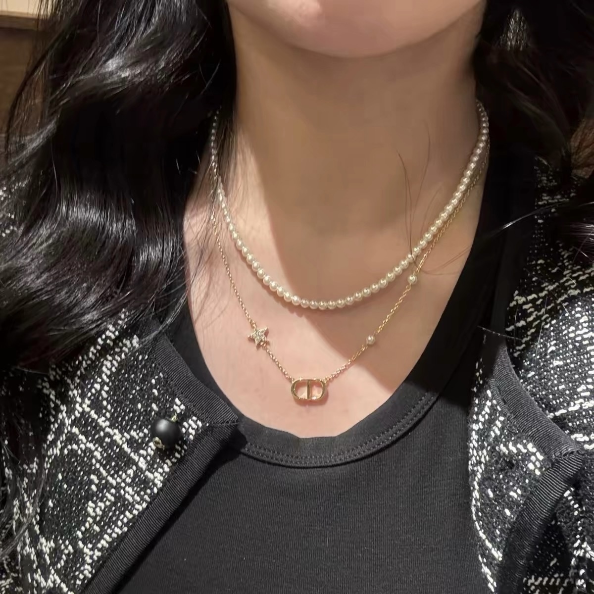 Dior Petit CD necklace gold-tone metal white resin pearls clear crystal accents 42cm with 5cm extender chain