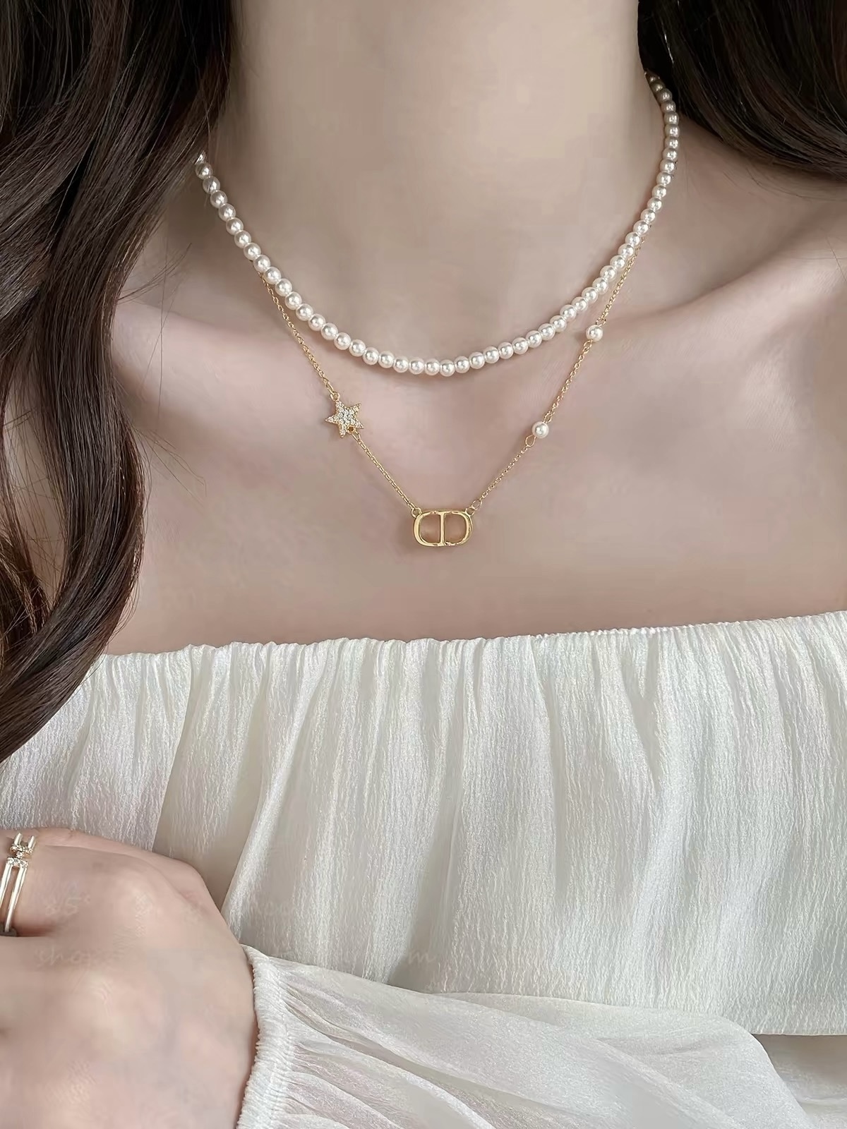 Dior Petit CD necklace gold-tone metal white resin pearls clear crystal accents 42cm with 5cm extender chain