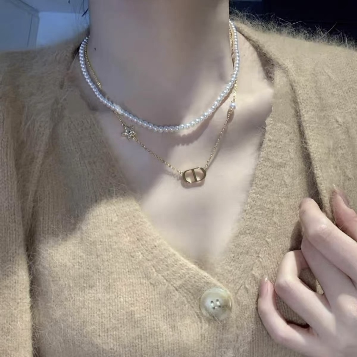 Dior Petit CD necklace gold-tone metal white resin pearls clear crystal accents 42cm with 5cm extender chain