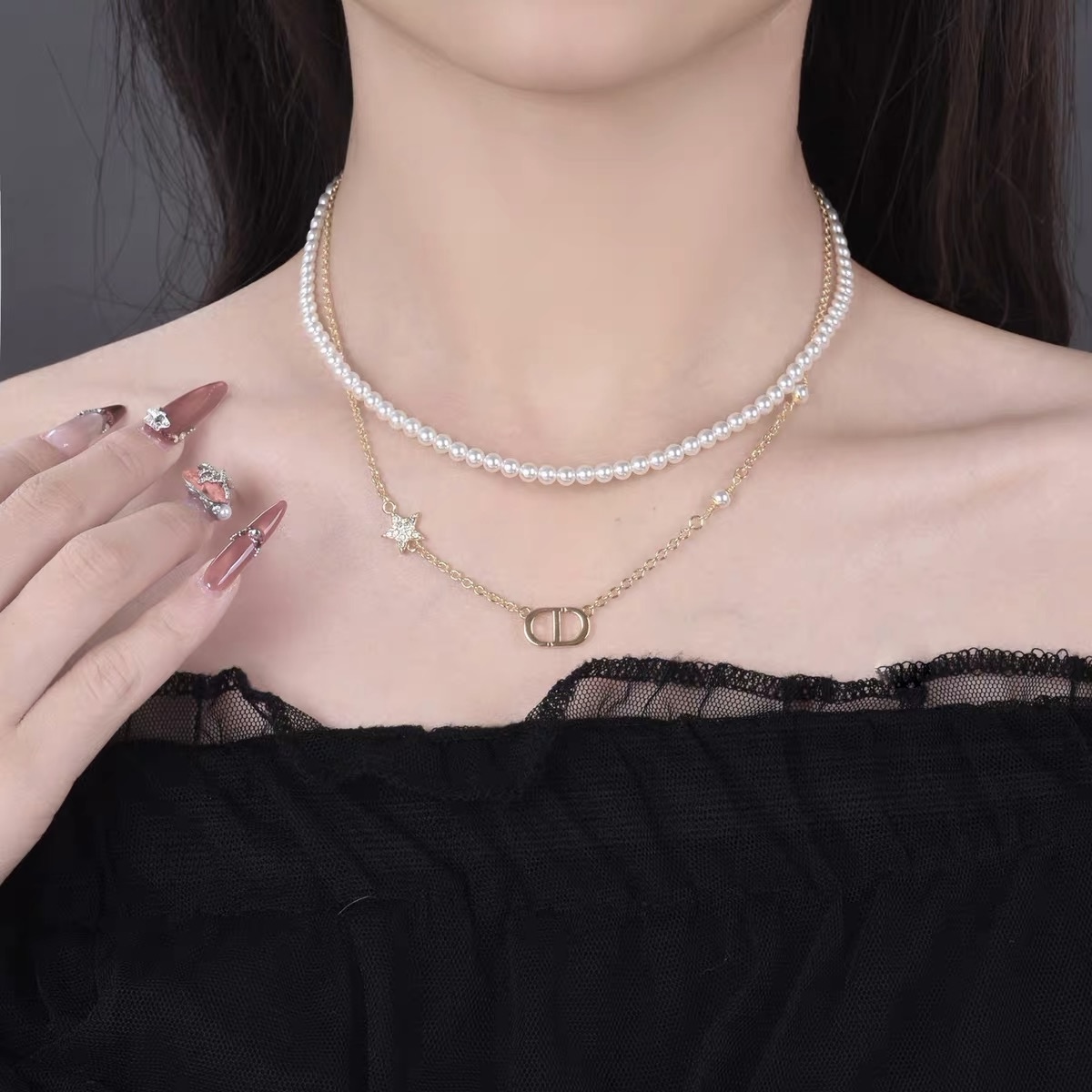 Dior Petit CD necklace gold-tone metal white resin pearls clear crystal accents 42cm with 5cm extender chain