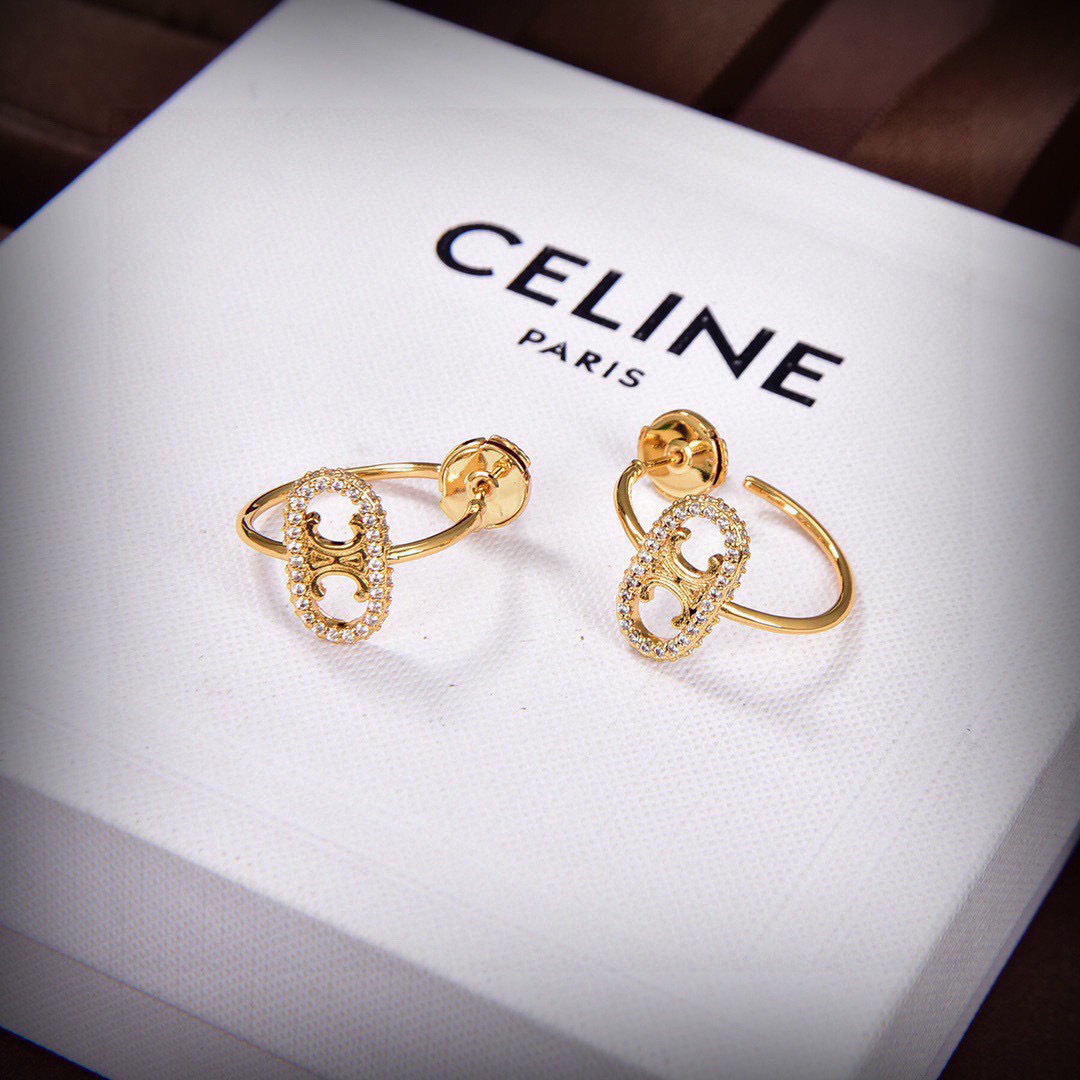 Celine Maillon Triomphe earrings gold-tone metal with clear diamond-like accent stones 1 5cm hoop diameter
