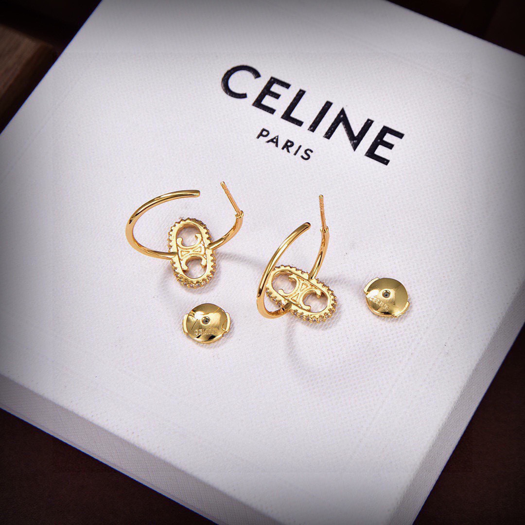 Celine Maillon Triomphe earrings gold-tone metal with clear diamond-like accent stones 1 5cm hoop diameter