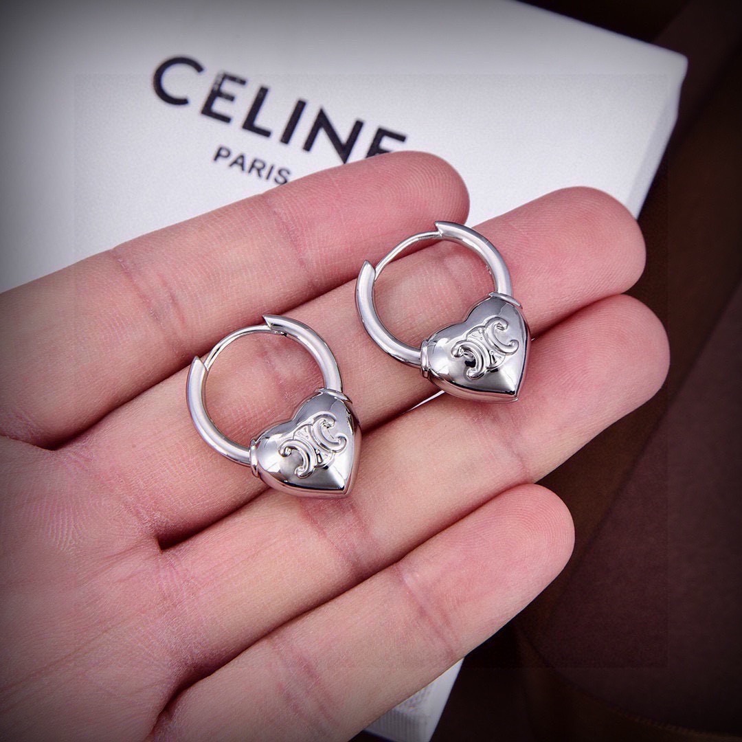 Celine Triomphe Heart Padlock Hoop earrings silver-toned metal no accent stones 15mm hoop diameter