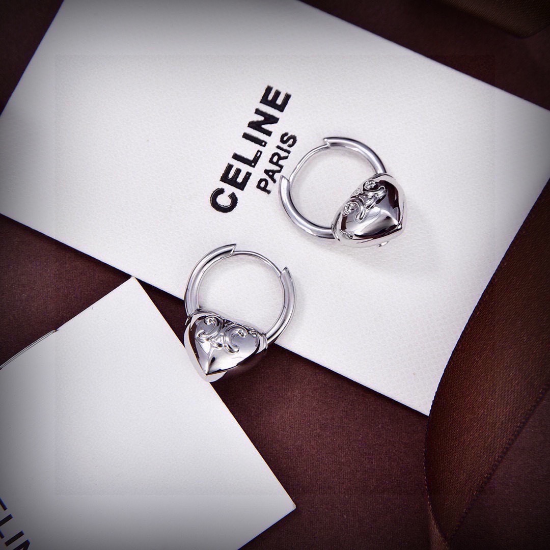Celine Triomphe Heart Padlock Hoop earrings silver-toned metal no accent stones 15mm hoop diameter