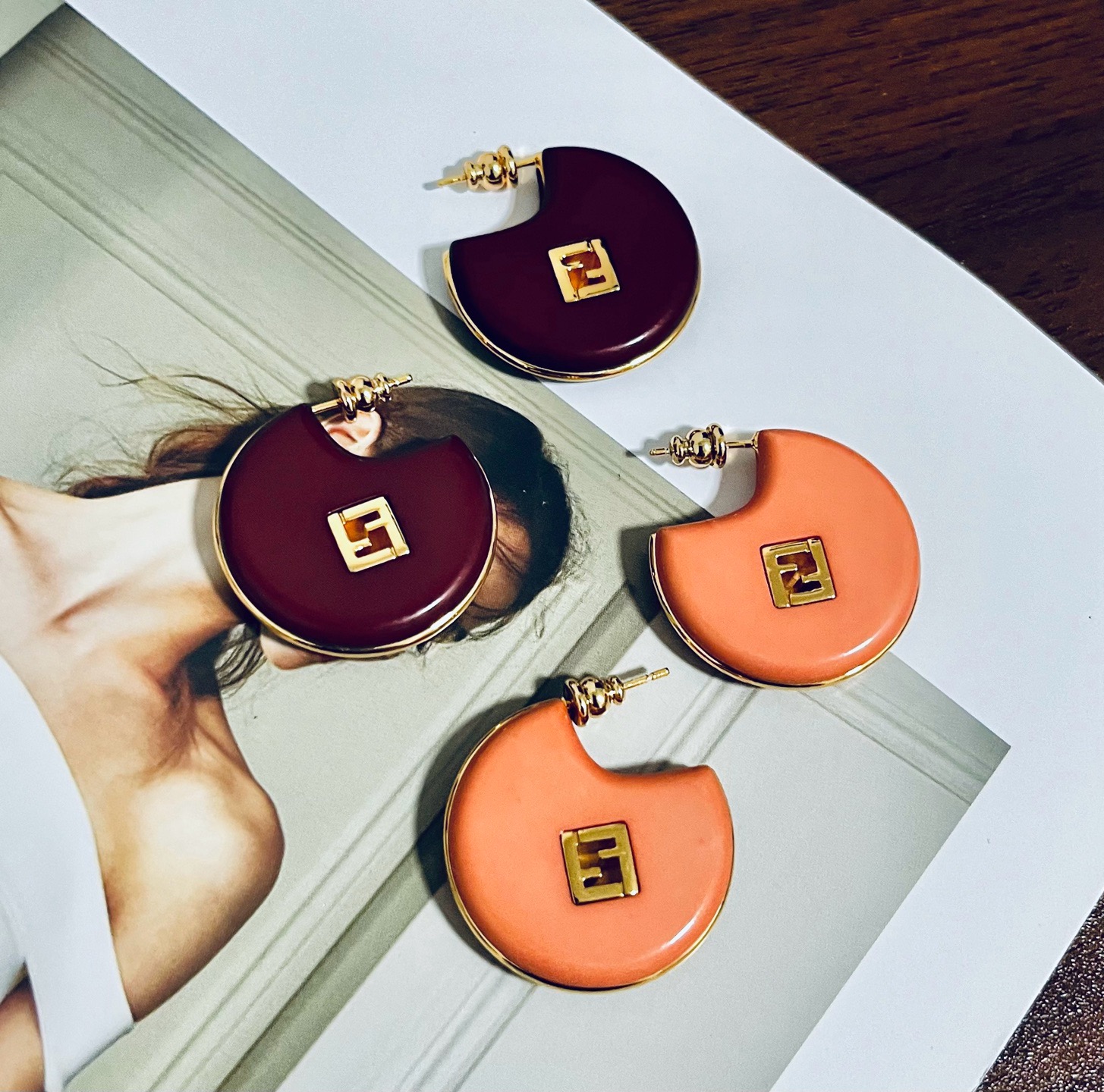 Fendi FF Logo Hoop Earrings earrings Gold-tone metal with coral orange enamel gold-tone metal with burgundy enamel 2 5cm diameter