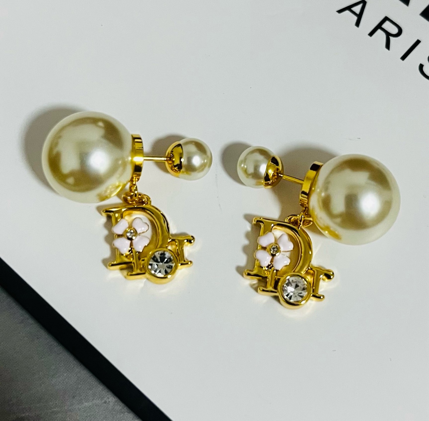 Dior Tribales earrings Gold-tone metal cream white faux pearl green enamel clover clear crystal One Size