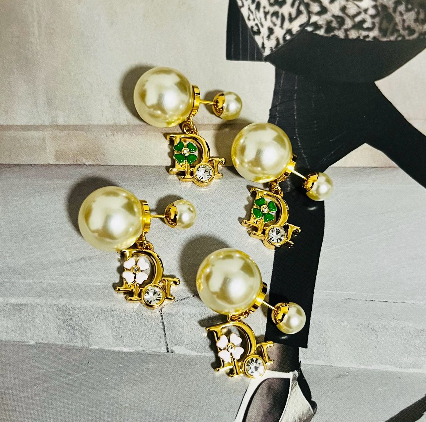 Dior Tribales earrings Gold-tone metal cream white faux pearl green enamel clover clear crystal One Size