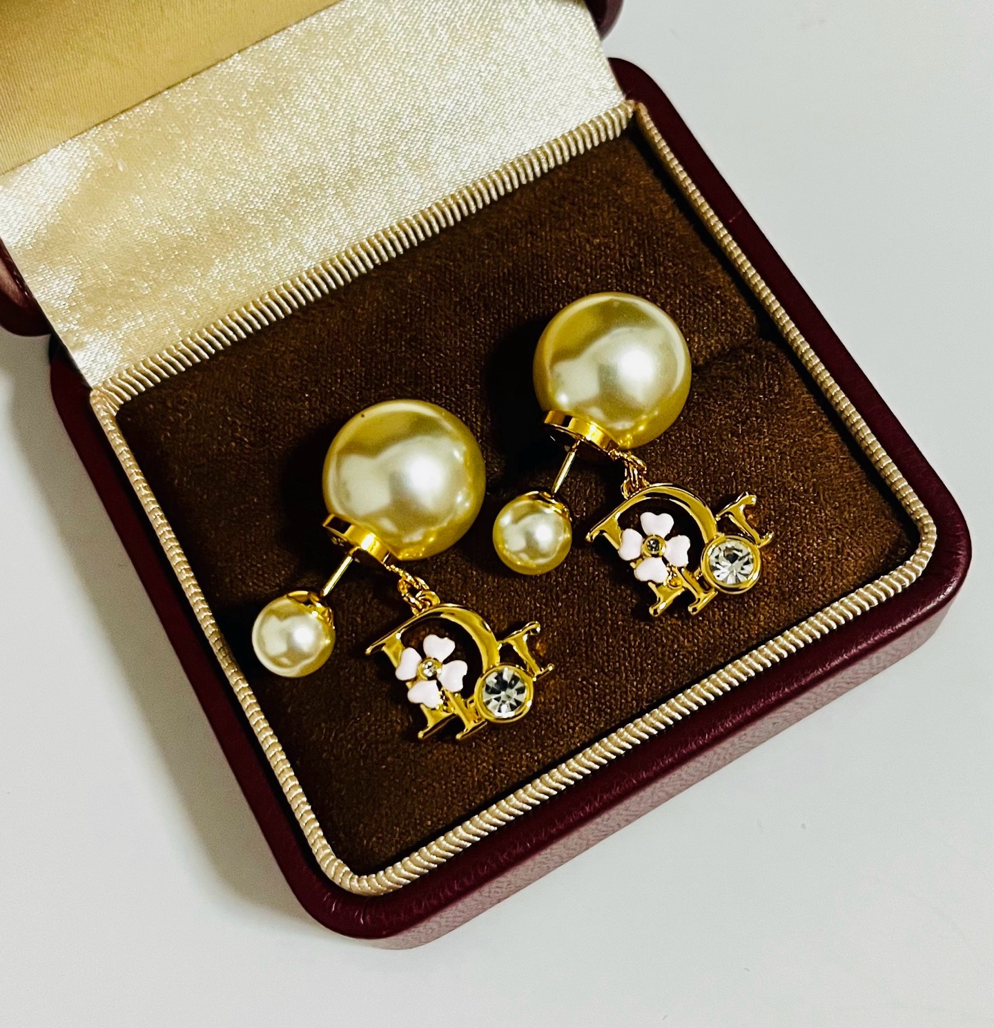 Dior Tribales earrings Gold-tone metal cream white faux pearl green enamel clover clear crystal One Size