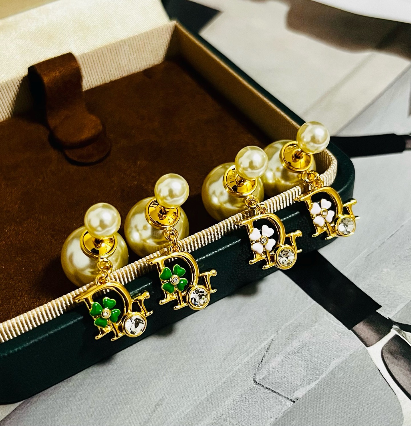 Dior Tribales earrings Gold-tone metal cream white faux pearl green enamel clover clear crystal One Size