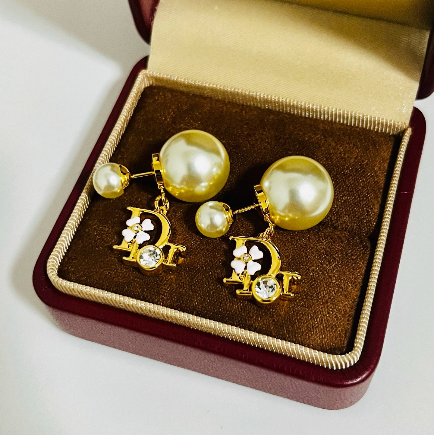 Dior Tribales earrings Gold-tone metal cream white faux pearl green enamel clover clear crystal One Size