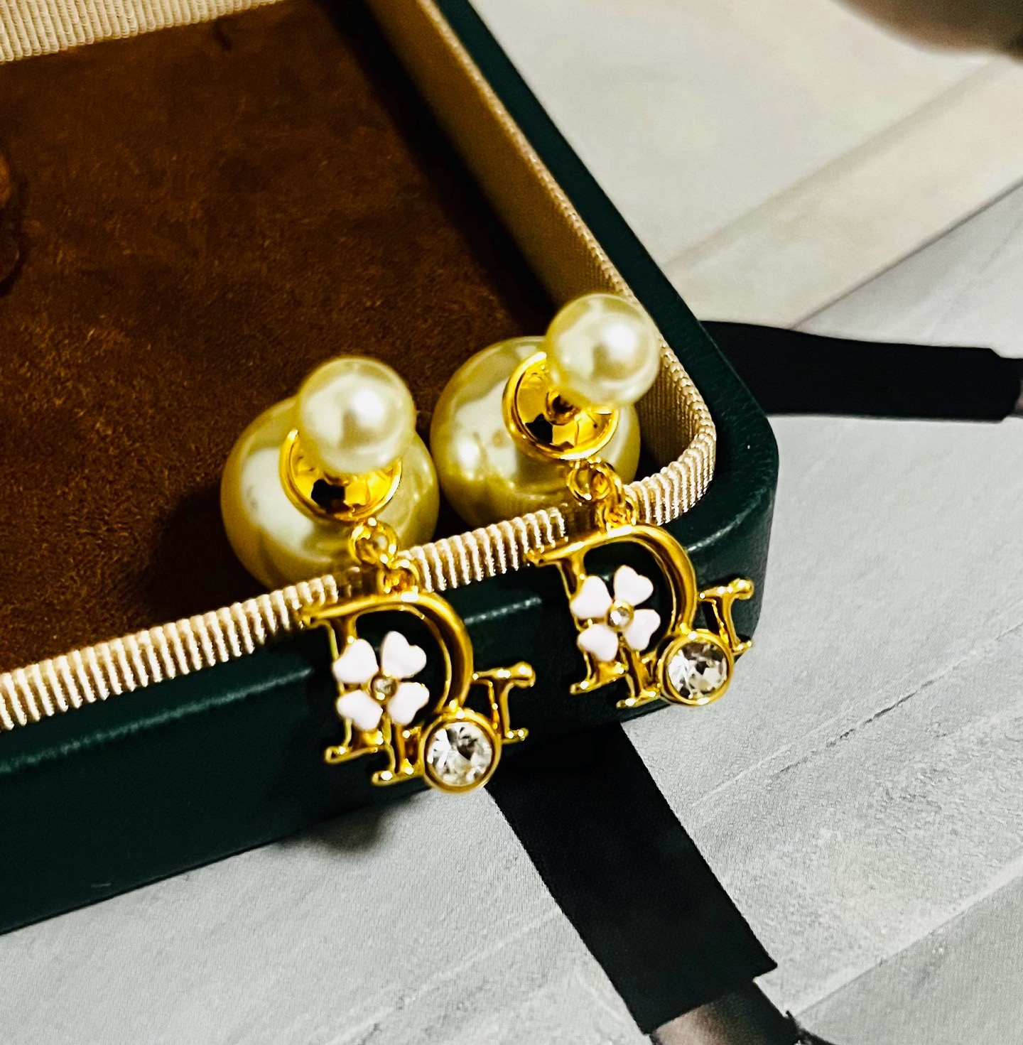 Dior Tribales earrings Gold-tone metal cream white faux pearl green enamel clover clear crystal One Size