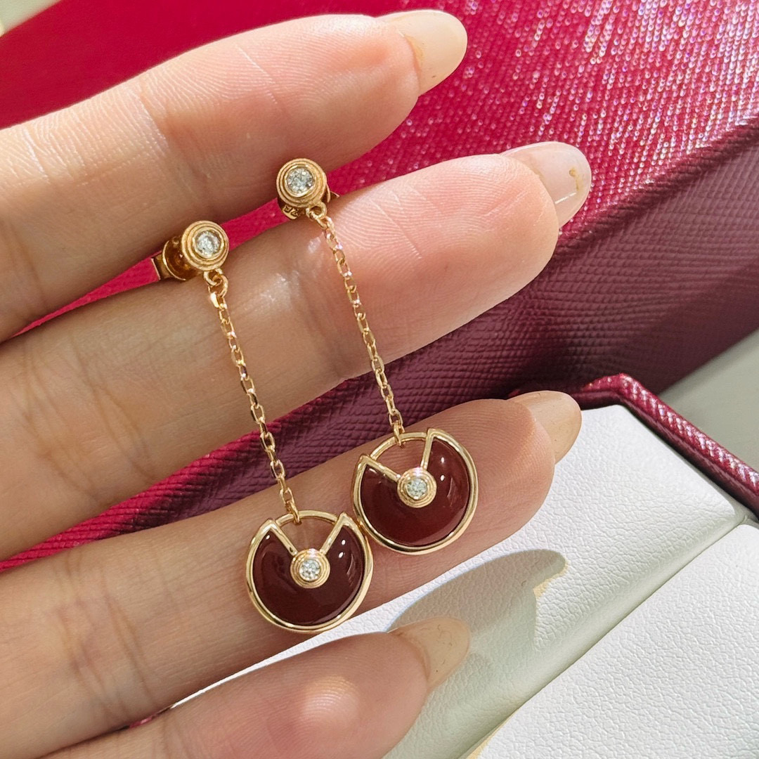 Cartier Amulette de Cartier earrings rose gold metal with red carnelian and clear diamond accents total drop length 2 5cm