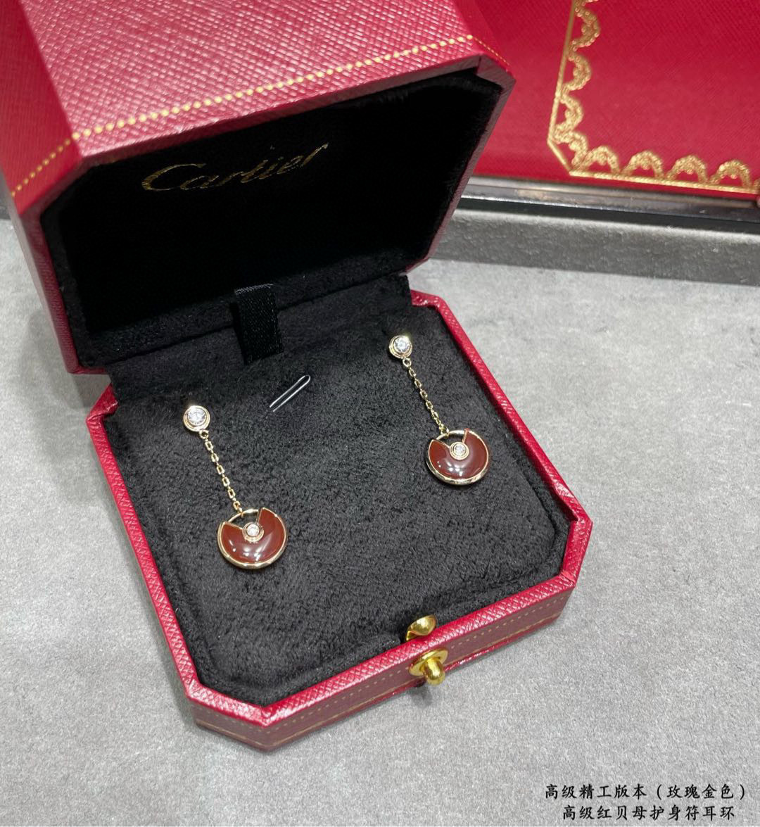 Cartier Amulette de Cartier earrings rose gold metal with red carnelian and clear diamond accents total drop length 2 5cm
