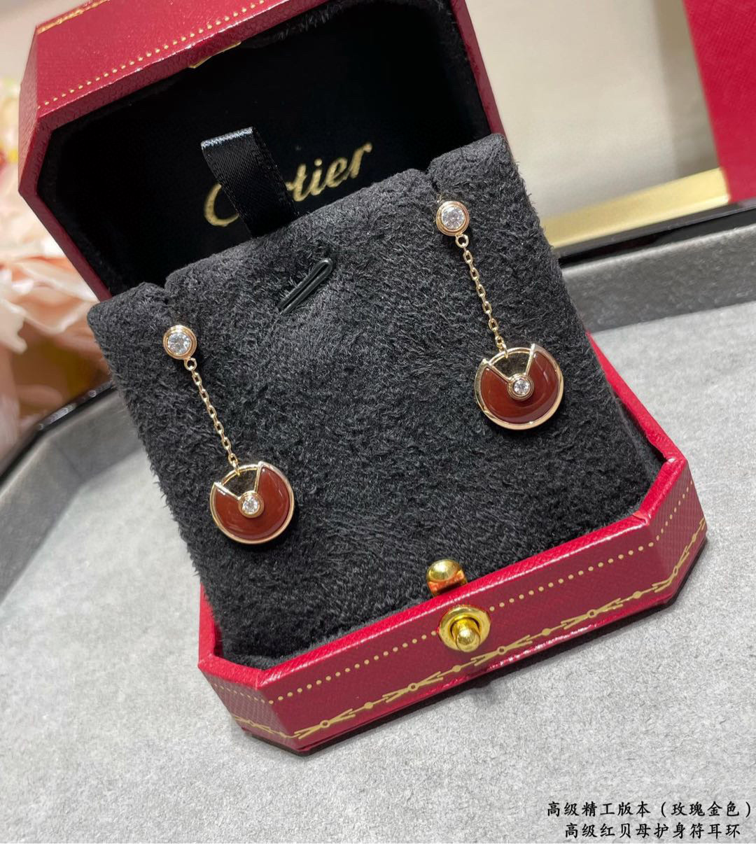 Cartier Amulette de Cartier earrings rose gold metal with red carnelian and clear diamond accents total drop length 2 5cm