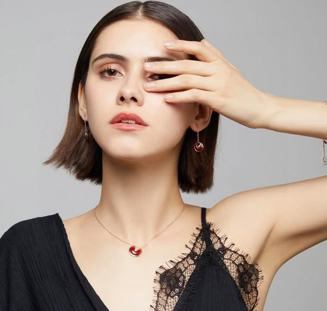 Cartier Amulette de Cartier earrings rose gold metal with red carnelian and clear diamond accents total drop length 2 5cm