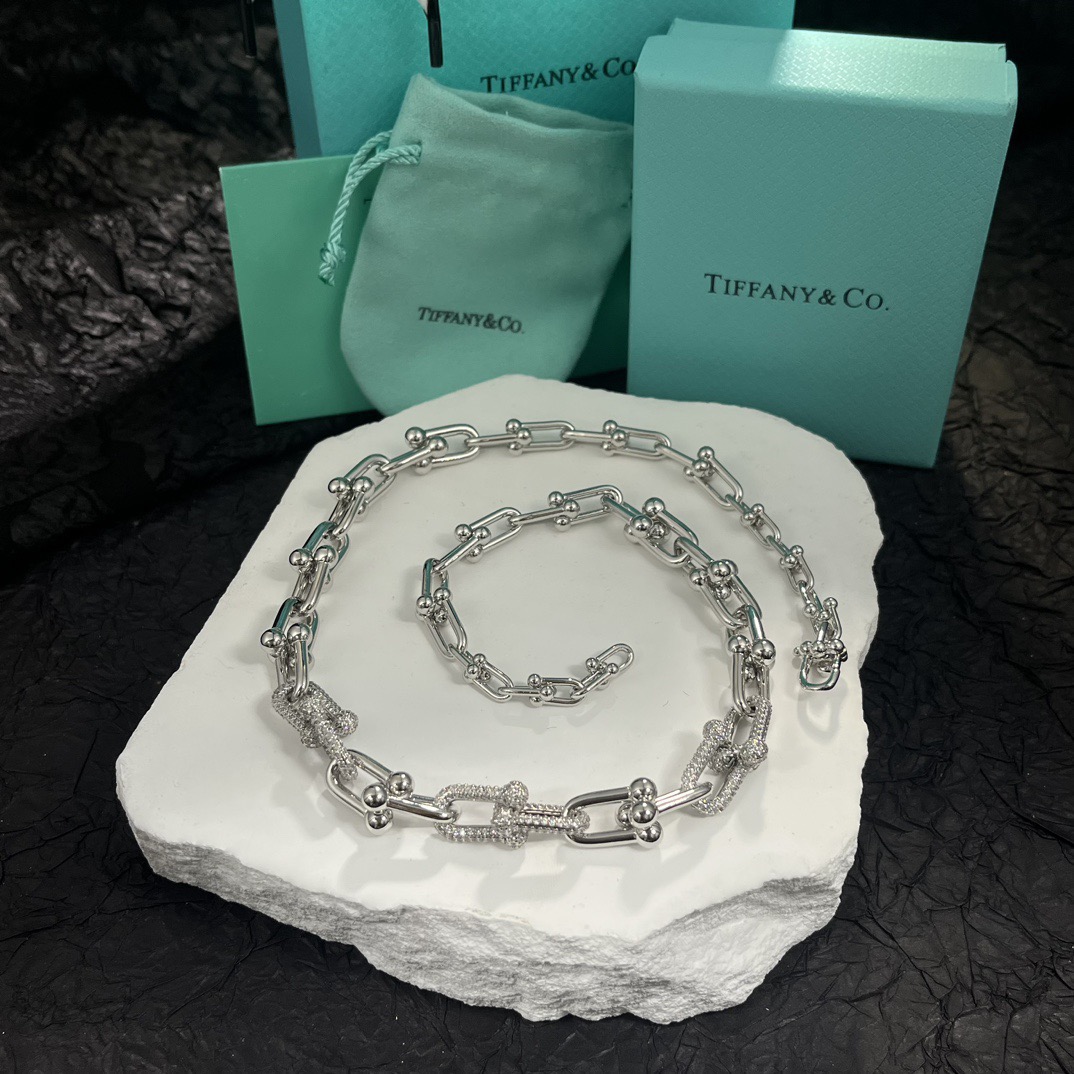 Tiffany Co HardWear necklace silver-toned metal with clear pave diamond accents 18 inches