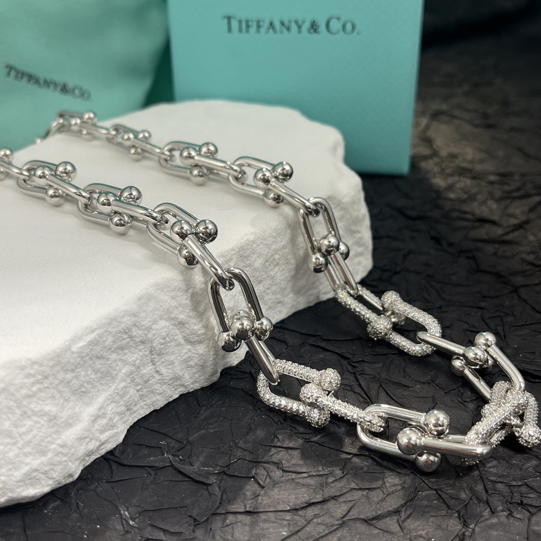 Tiffany Co HardWear necklace silver-toned metal with clear pave diamond accents 18 inches