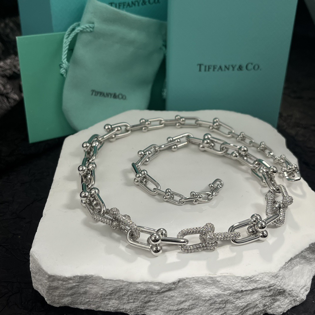 Tiffany Co HardWear necklace silver-toned metal with clear pave diamond accents 18 inches