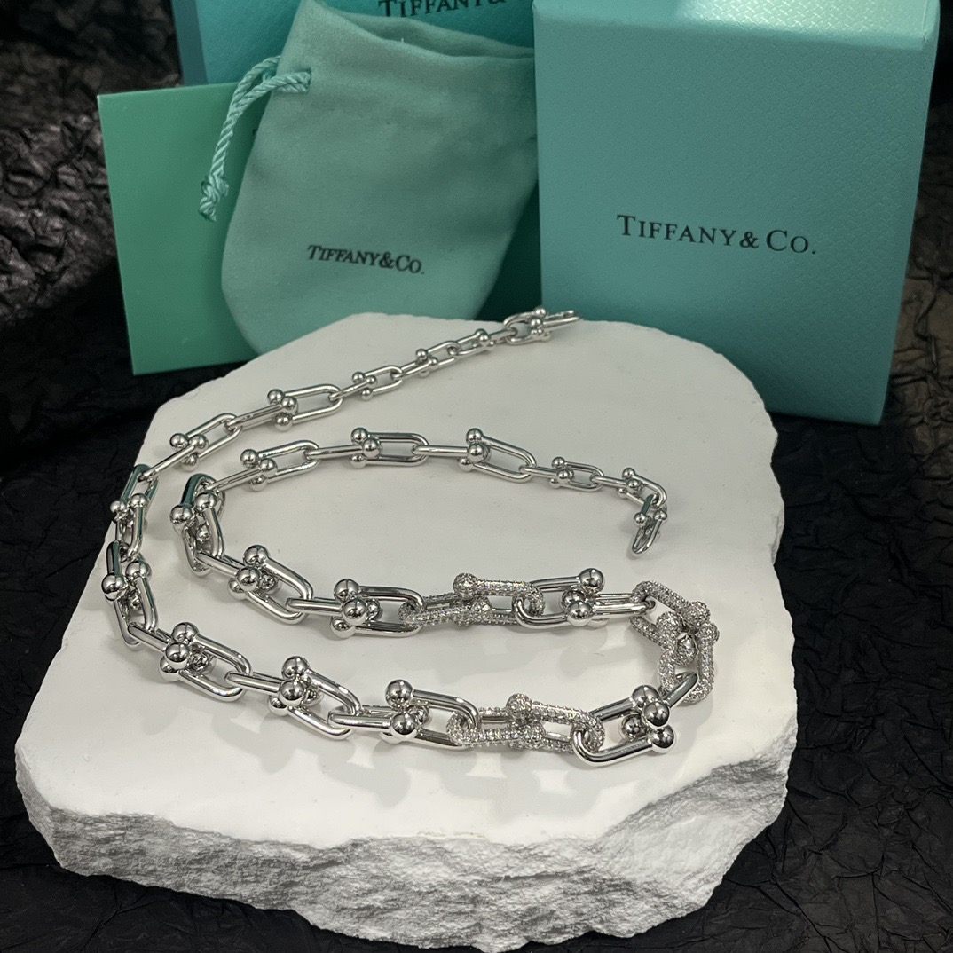 Tiffany Co HardWear necklace silver-toned metal with clear pave diamond accents 18 inches