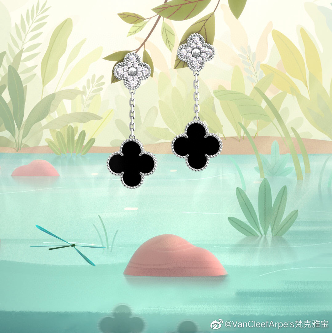 Van Cleef Arpels Magic Alhambra earrings white gold black onyx diamond 3 5cm drop length