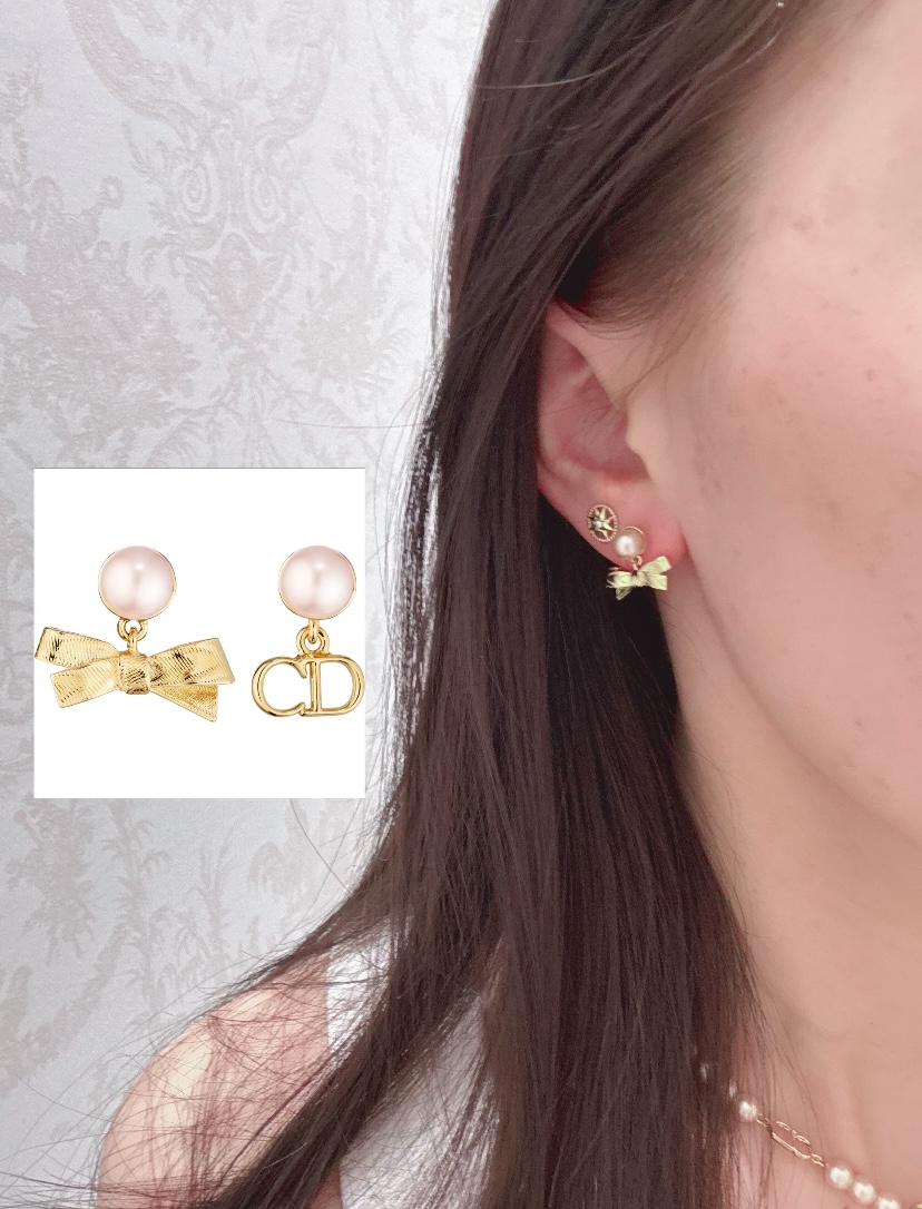 Dior Tribales CD Bow Pearl Earrings earrings Gold-tone metal with cream white faux pearls One Size post length 1cm drop length 1 5cm