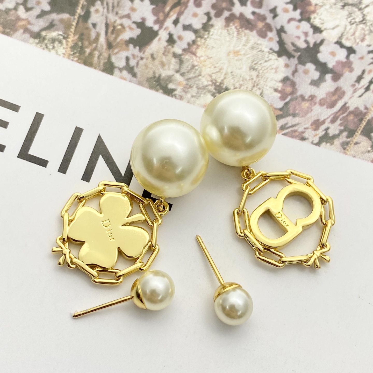 Dior Tribales Clover CD Logo Pearl Drop Earrings earrings Gold-tone metal cream white faux pearls clear crystal rhinestones One size drop length approx 3cm