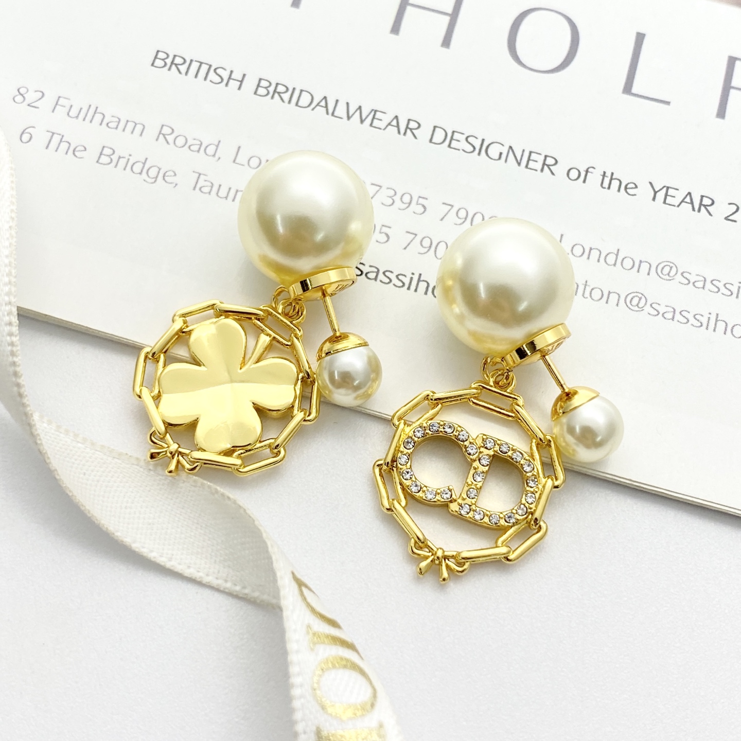 Dior Tribales Clover CD Logo Pearl Drop Earrings earrings Gold-tone metal cream white faux pearls clear crystal rhinestones One size drop length approx 3cm
