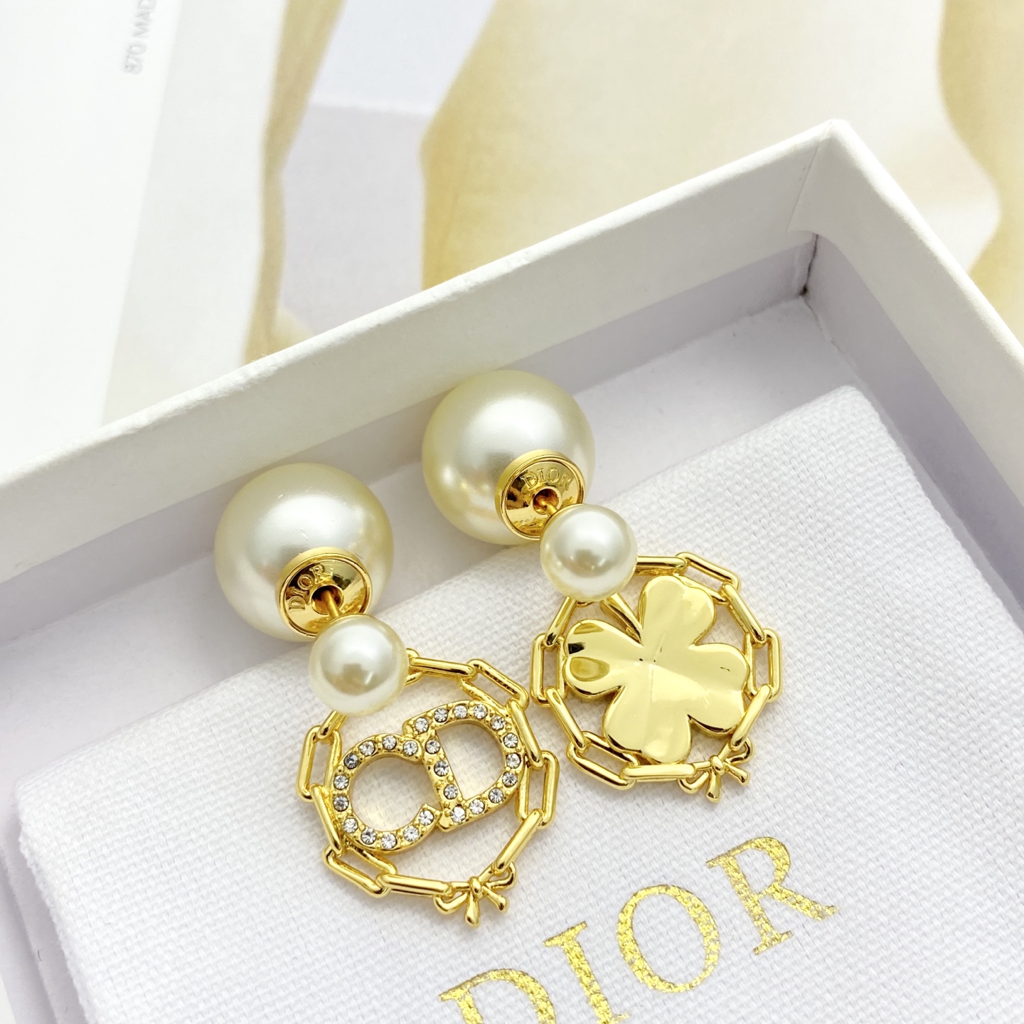 Dior Tribales Clover CD Logo Pearl Drop Earrings earrings Gold-tone metal cream white faux pearls clear crystal rhinestones One size drop length approx 3cm