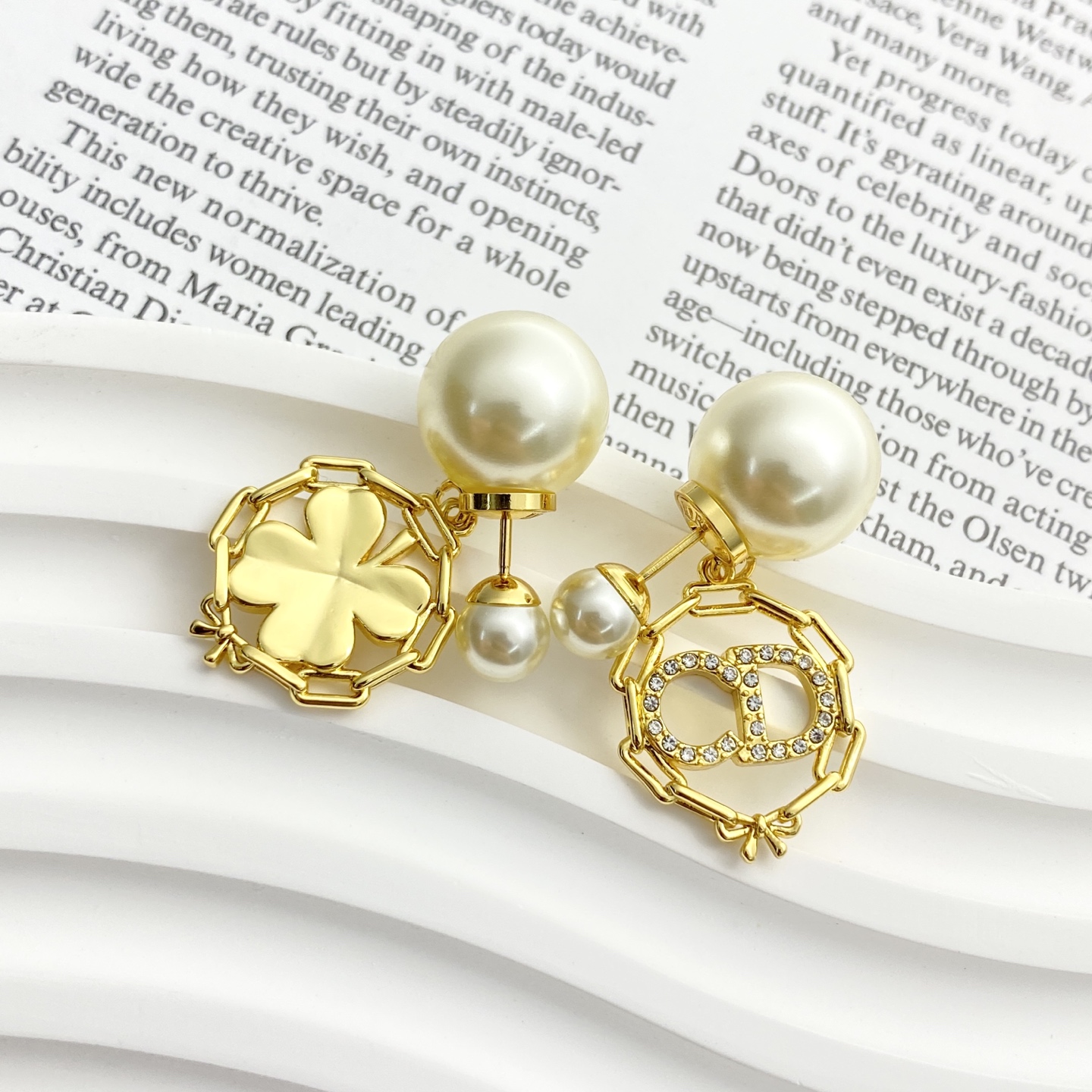Dior Tribales Clover CD Logo Pearl Drop Earrings earrings Gold-tone metal cream white faux pearls clear crystal rhinestones One size drop length approx 3cm