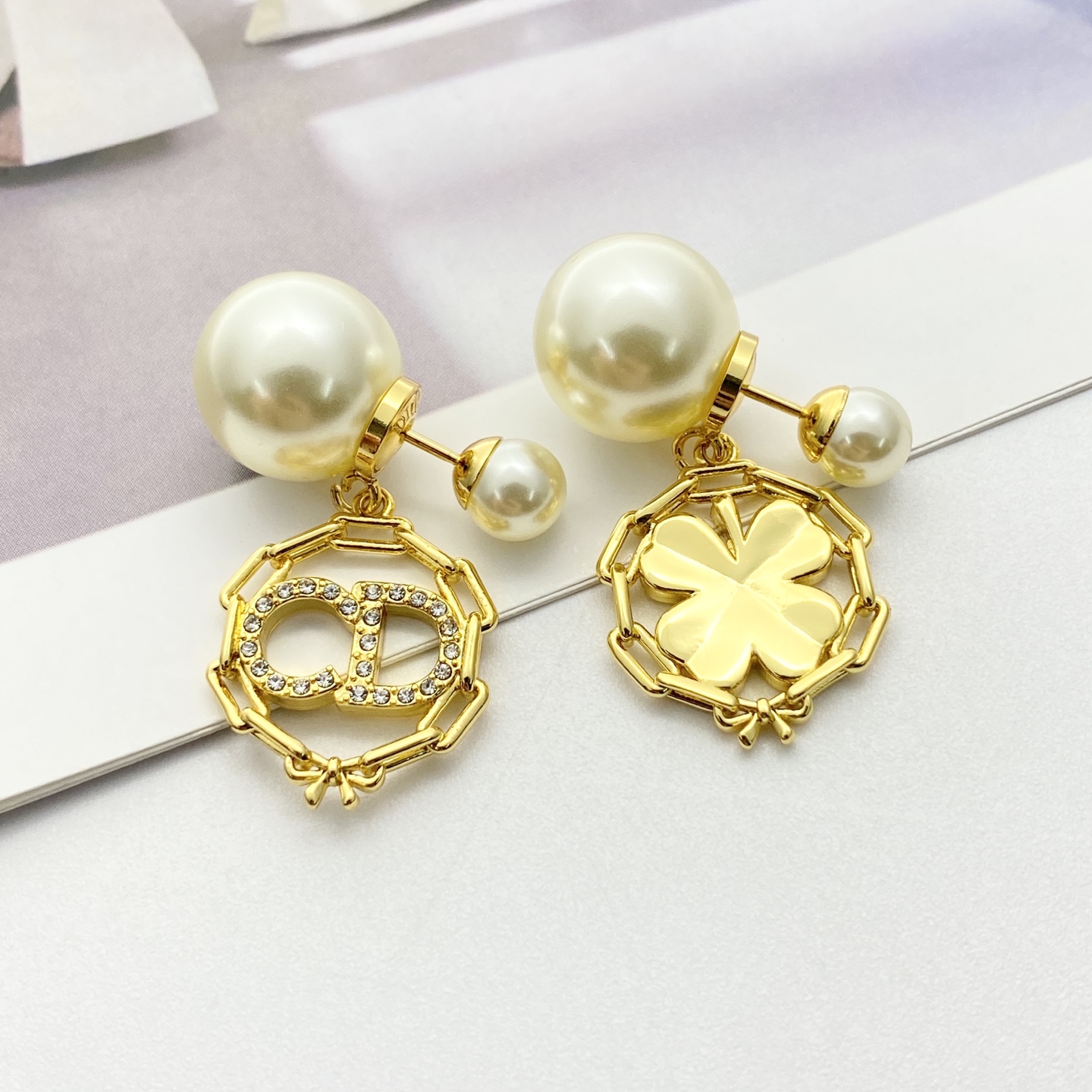 Dior Tribales Clover CD Logo Pearl Drop Earrings earrings Gold-tone metal cream white faux pearls clear crystal rhinestones One size drop length approx 3cm