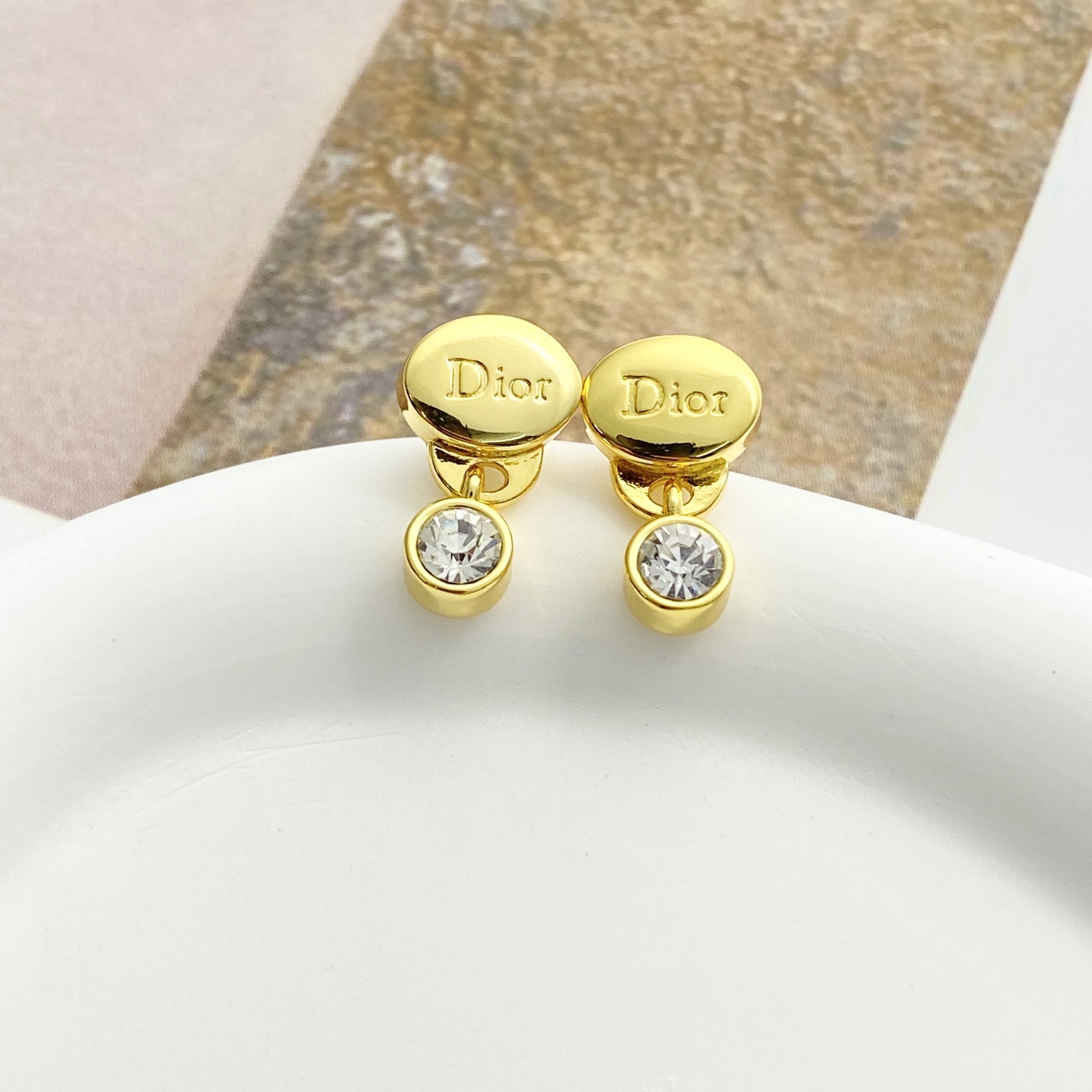 Dior Code E3409 earrings gold-tone metal with clear faceted crystal accents 1 2cm drop length