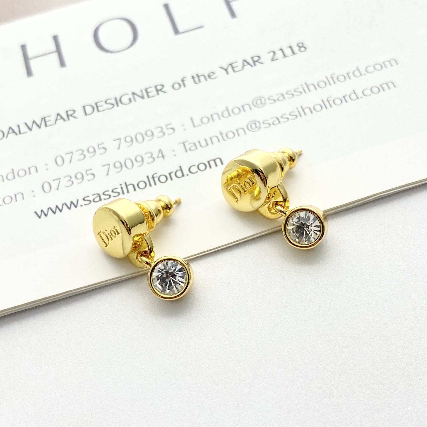 Dior Code E3409 earrings gold-tone metal with clear faceted crystal accents 1 2cm drop length