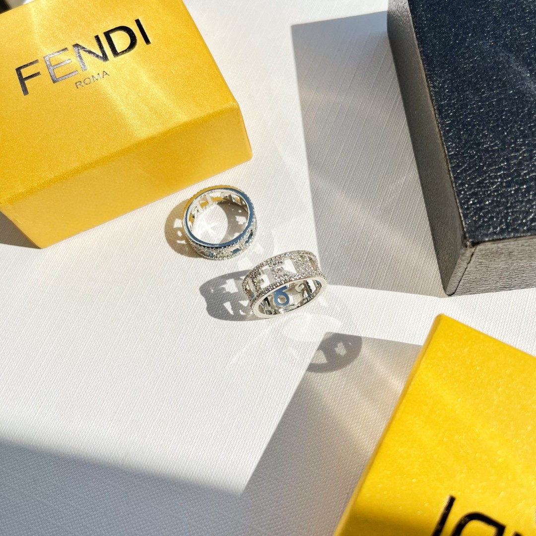 Fendi Fendigraphy Logo Cutout Pave Ring ring Silver-toned metal with clear pave crystals US 6